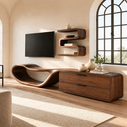 Natural Solid Wood TV Stand with Two Drawers and Sculptural Loop Base - Livewoodcraft