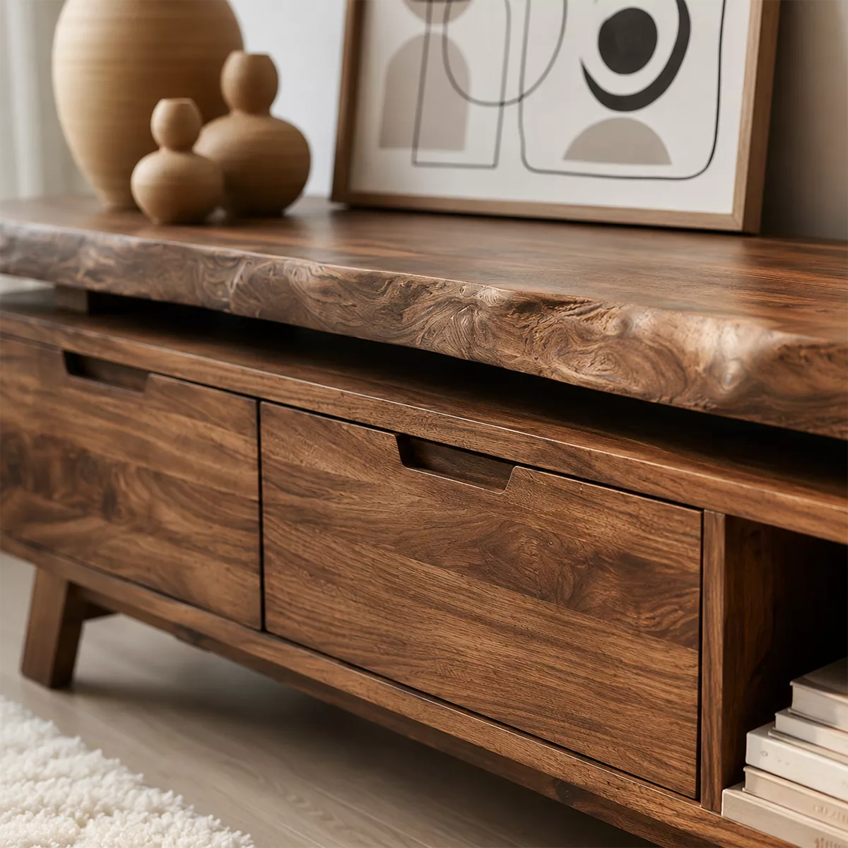 Natural Solid Wood TV Stand with Two Drawers Open Shelf Japandi Design - Livewoodcraft - 1