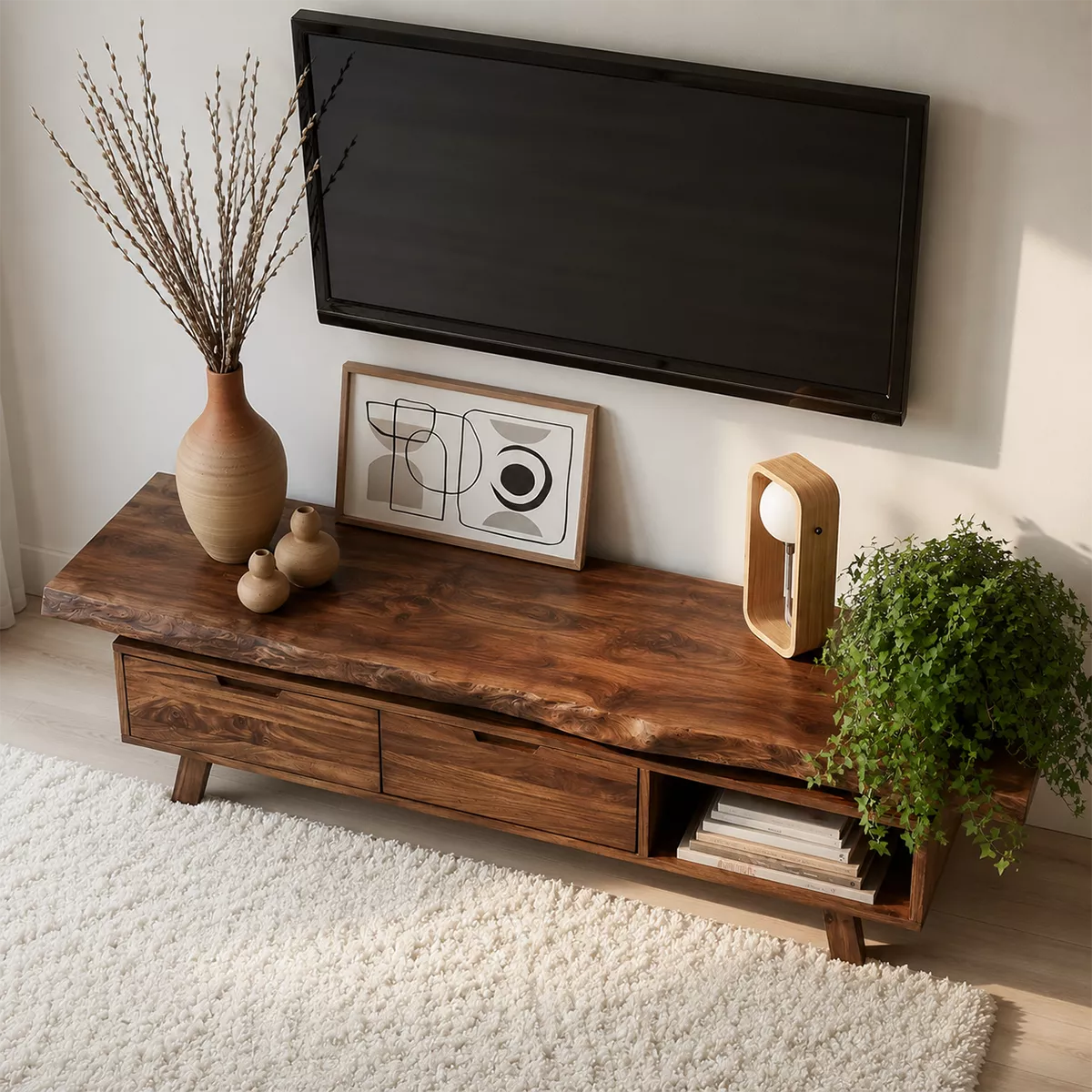 Natural Solid Wood TV Stand with Two Drawers Open Shelf Japandi Design - Livewoodcraft - 2