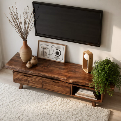 Natural Solid Wood TV Stand with Two Drawers Open Shelf Japandi Design - Livewoodcraft - 2