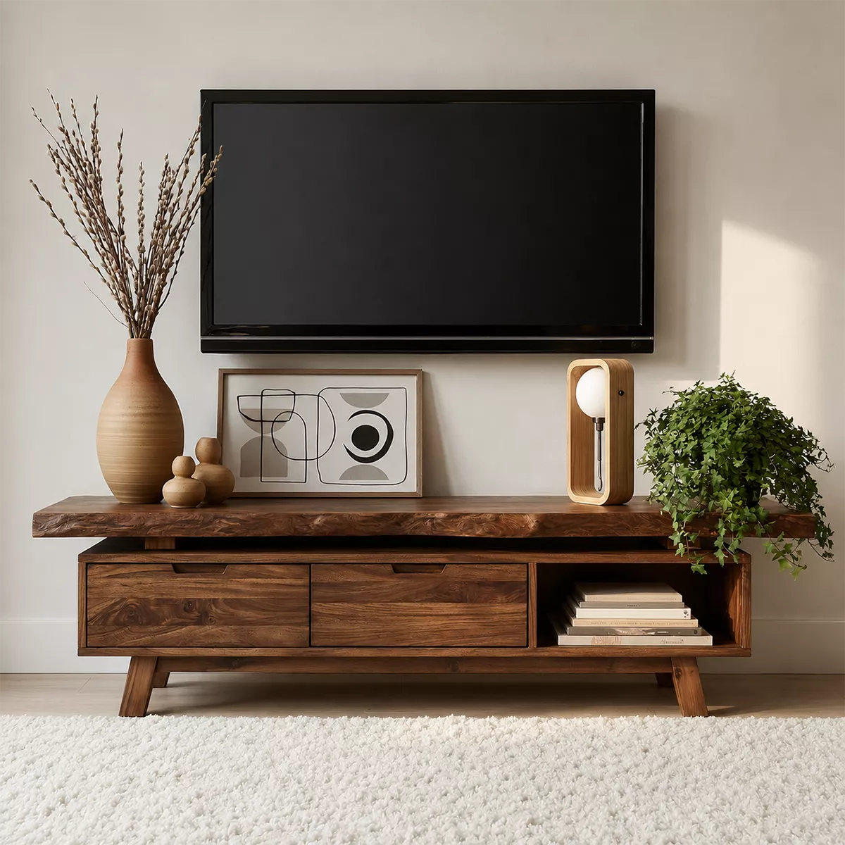 Natural Solid Wood TV Stand with Two Drawers Open Shelf Japandi Design - Livewoodcraft - 3