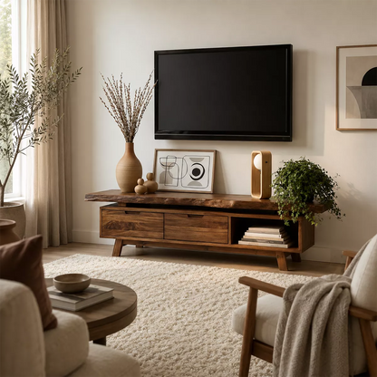 Natural Solid Wood TV Stand with Two Drawers Open Shelf Japandi Design - Livewoodcraft - 4