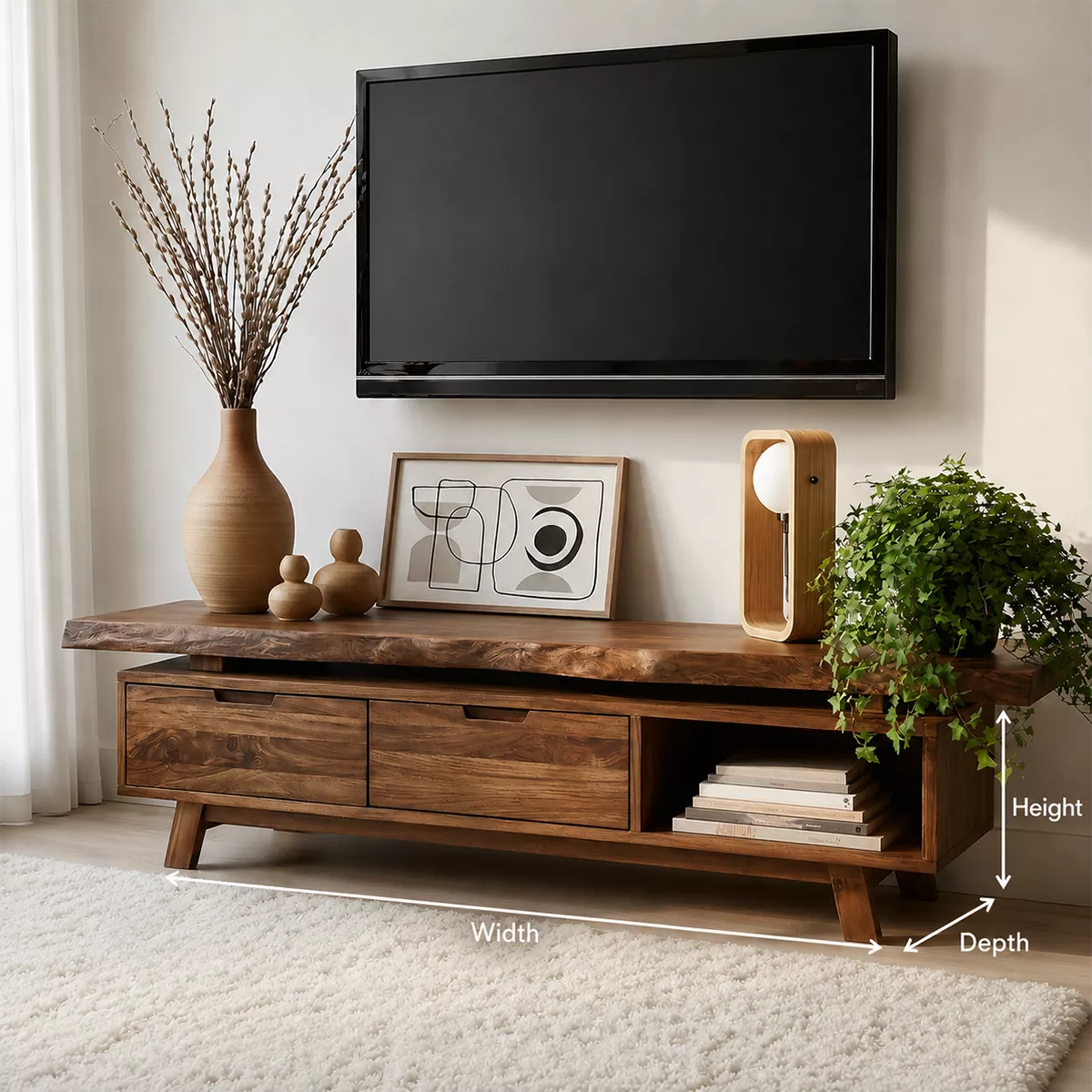 Natural Solid Wood TV Stand with Two Drawers Open Shelf Japandi Design - Livewoodcraft - 5