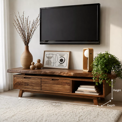 Natural Solid Wood TV Stand with Two Drawers Open Shelf Japandi Design - Livewoodcraft - 5
