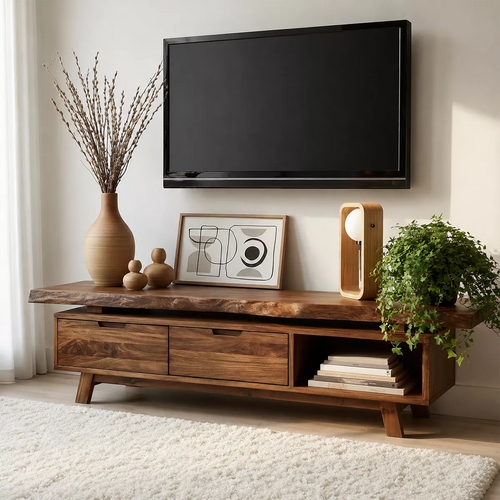 Natural Solid Wood TV Stand with Two Drawers Open Shelf Japandi Design - Livewoodcraft - 7