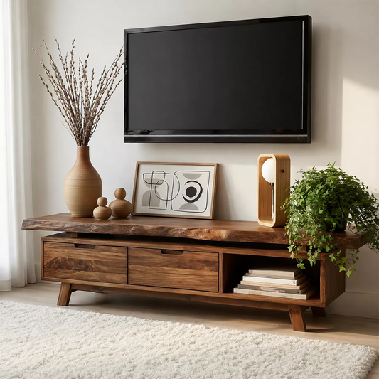 Natural Solid Wood TV Stand with Two Drawers Open Shelf Japandi Design - Livewoodcraft