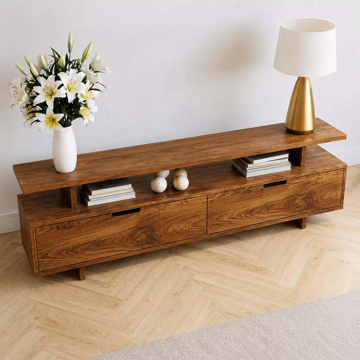 Natural Solid Wood TV Stand with Two Drawers Open Shelf Modern Style - Livewoodcraft - 2