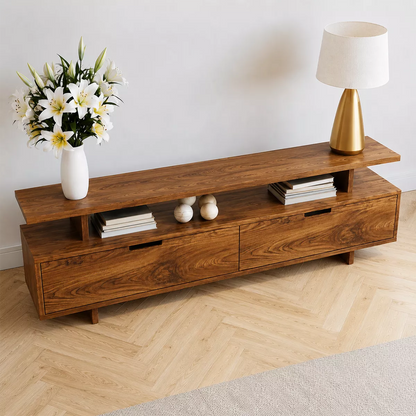Natural Solid Wood TV Stand with Two Drawers Open Shelf Modern Style - Livewoodcraft - 2