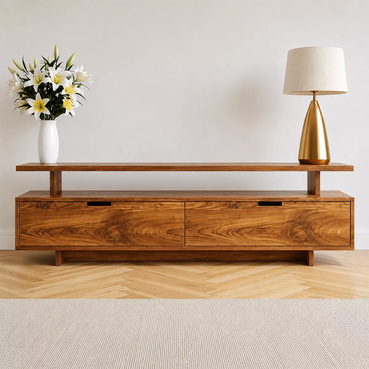 Natural Solid Wood TV Stand with Two Drawers Open Shelf Modern Style - Livewoodcraft - 3