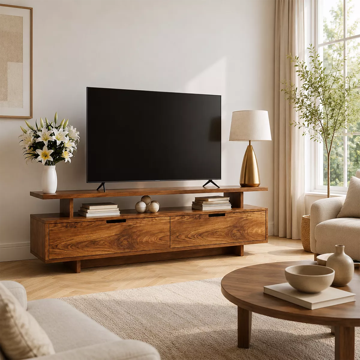 Natural Solid Wood TV Stand with Two Drawers Open Shelf Modern Style - Livewoodcraft - 4