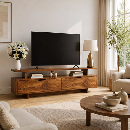 Natural Solid Wood TV Stand with Two Drawers Open Shelf Modern Style - Livewoodcraft - 4