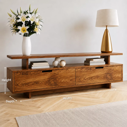 Natural Solid Wood TV Stand with Two Drawers Open Shelf Modern Style - Livewoodcraft - 5