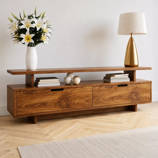 Natural Solid Wood TV Stand with Two Drawers Open Shelf Modern Style - Livewoodcraft