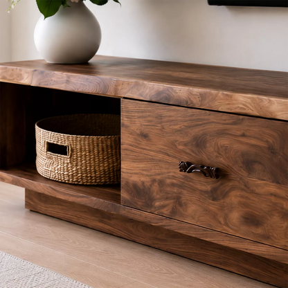 Natural Solid Wood TV Stand with Two Drawers Open Shelf Scandinavian - Livewoodcraft - 1