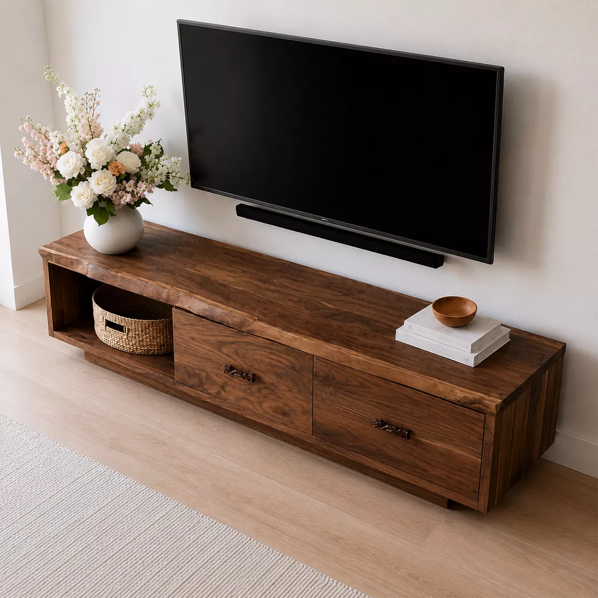 Natural Solid Wood TV Stand with Two Drawers Open Shelf Scandinavian - Livewoodcraft - 2