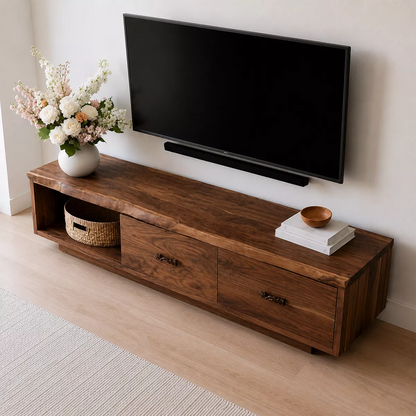 Natural Solid Wood TV Stand with Two Drawers Open Shelf Scandinavian - Livewoodcraft - 2
