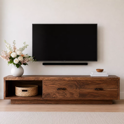 Natural Solid Wood TV Stand with Two Drawers Open Shelf Scandinavian - Livewoodcraft - 3