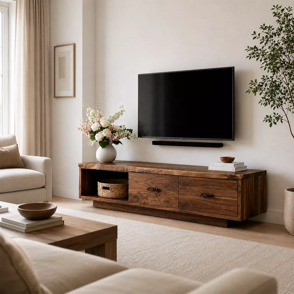 Natural Solid Wood TV Stand with Two Drawers Open Shelf Scandinavian - Livewoodcraft - 4