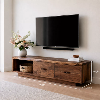 Natural Solid Wood TV Stand with Two Drawers Open Shelf Scandinavian - Livewoodcraft - 5