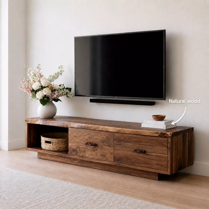 Natural Solid Wood TV Stand with Two Drawers Open Shelf Scandinavian - Livewoodcraft - 6