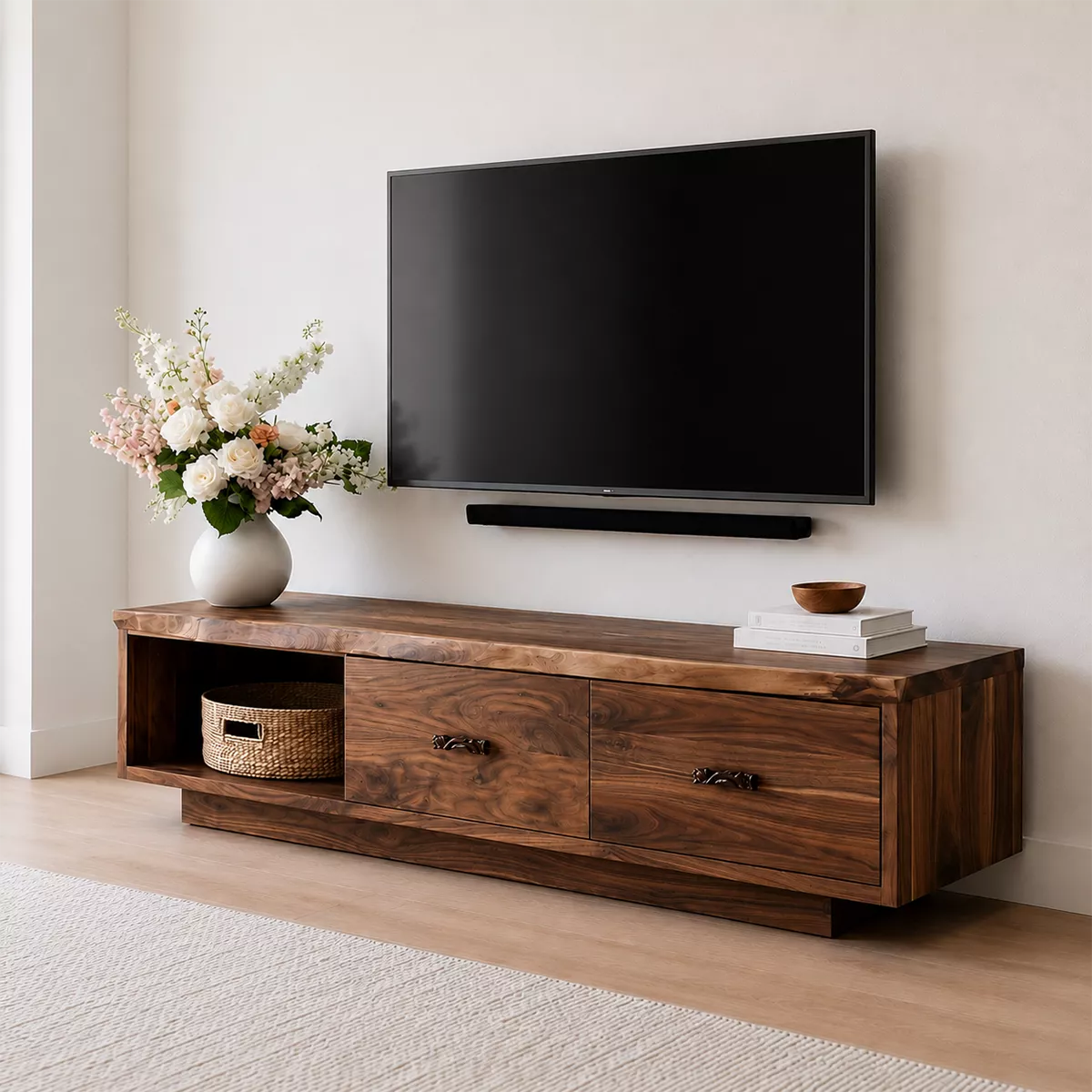 Natural Solid Wood TV Stand with Two Drawers Open Shelf Scandinavian - Livewoodcraft - 7