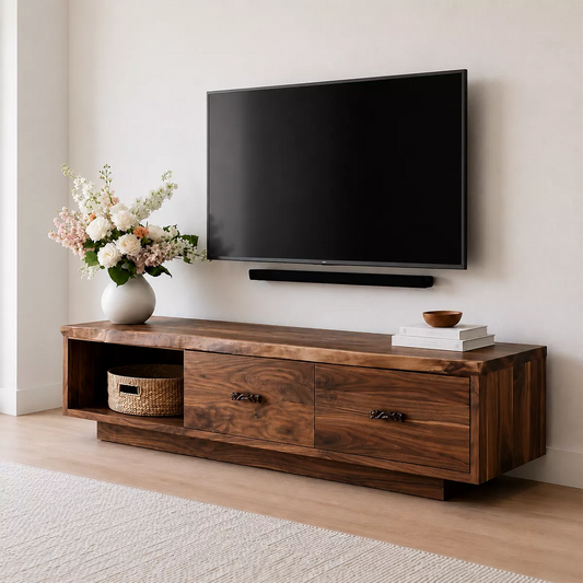 Natural Solid Wood TV Stand with Two Drawers Open Shelf Scandinavian - Livewoodcraft