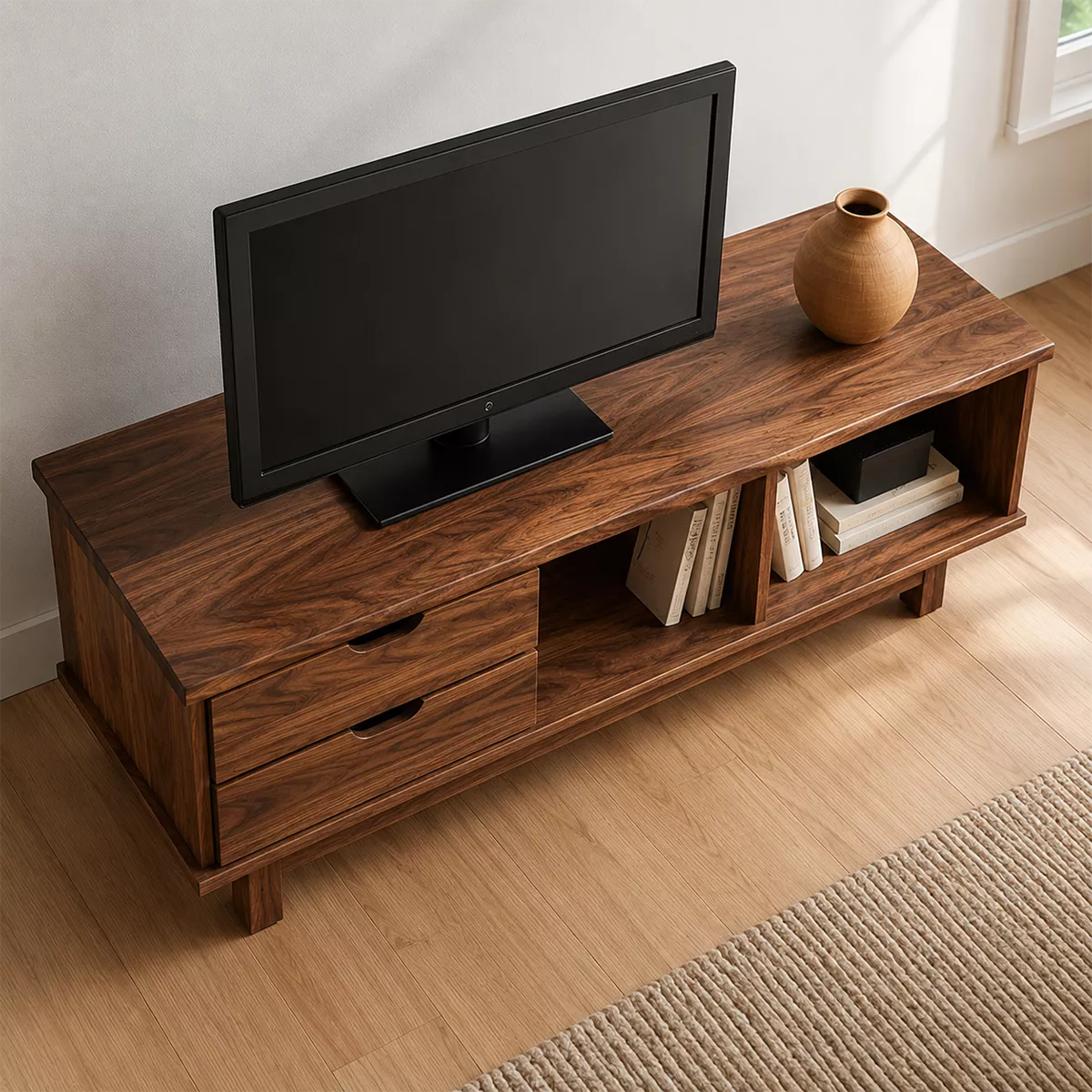 Natural Solid Wood TV Stand with Two Drawers Open Storage Minimalist - Livewoodcraft - 2