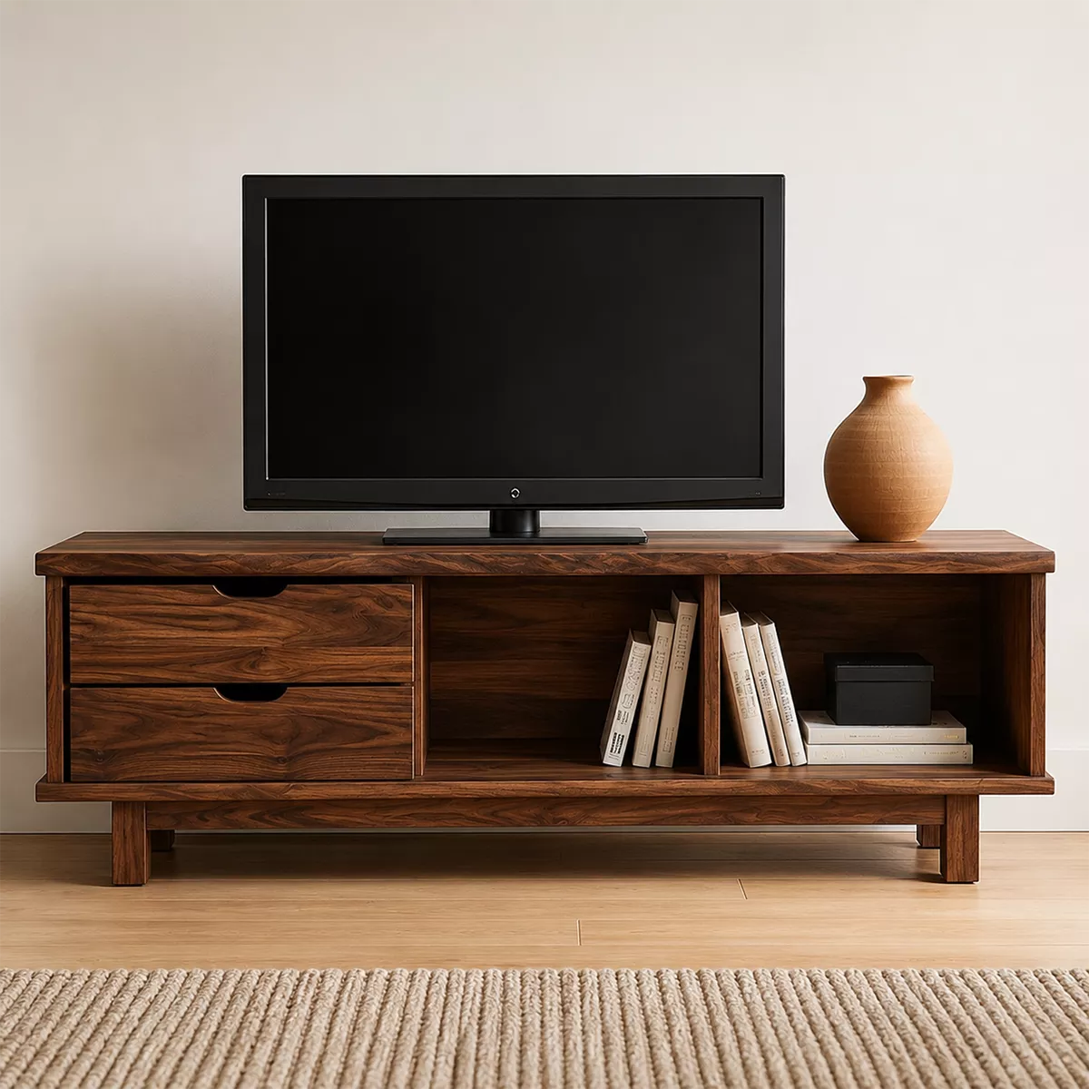 Natural Solid Wood TV Stand with Two Drawers Open Storage Minimalist - Livewoodcraft - 3
