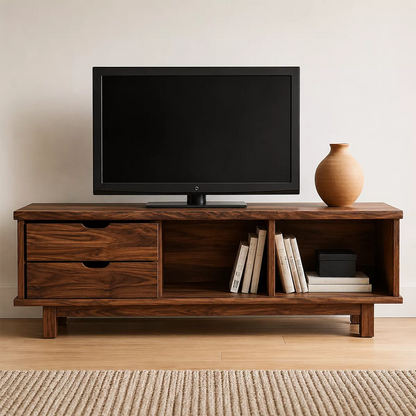 Natural Solid Wood TV Stand with Two Drawers Open Storage Minimalist - Livewoodcraft - 3