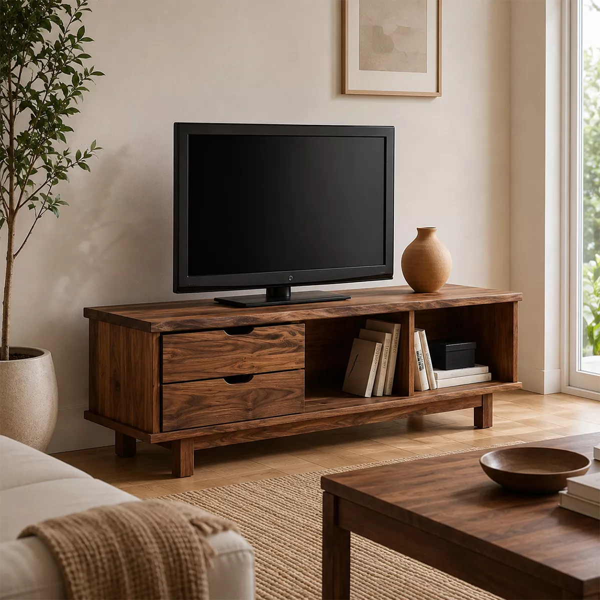Natural Solid Wood TV Stand with Two Drawers Open Storage Minimalist - Livewoodcraft - 4