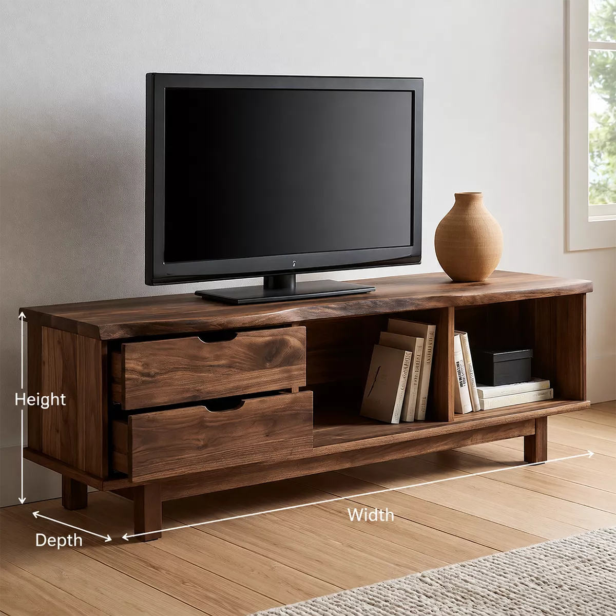 Natural Solid Wood TV Stand with Two Drawers Open Storage Minimalist - Livewoodcraft - 5