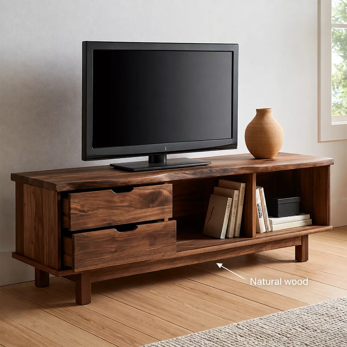 Natural Solid Wood TV Stand with Two Drawers Open Storage Minimalist - Livewoodcraft - 6