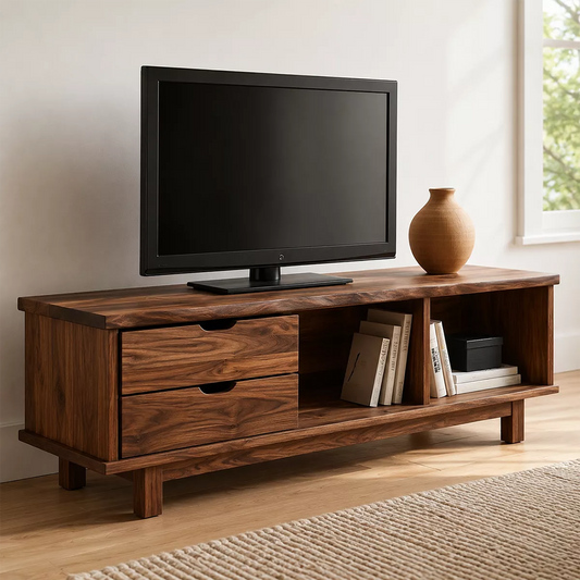 Natural Solid Wood TV Stand with Two Drawers Open Storage Minimalist - Livewoodcraft