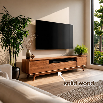 Natural Solid Wood TV Stand with Two Drawers, Side Cabinets and Open Shelf - Livewoodcraft - 11