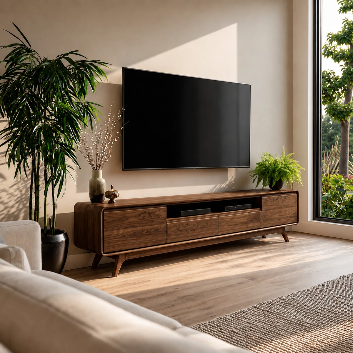 Natural Solid Wood TV Stand with Two Drawers, Side Cabinets and Open Shelf - Livewoodcraft - 2
