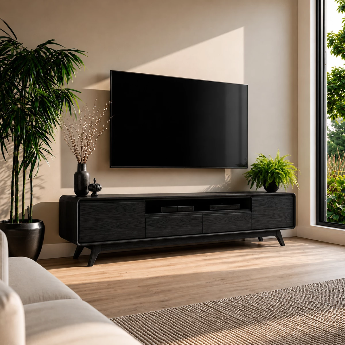 Natural Solid Wood TV Stand with Two Drawers, Side Cabinets and Open Shelf - Livewoodcraft - 3