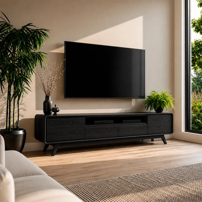 Natural Solid Wood TV Stand with Two Drawers, Side Cabinets and Open Shelf - Livewoodcraft - 3