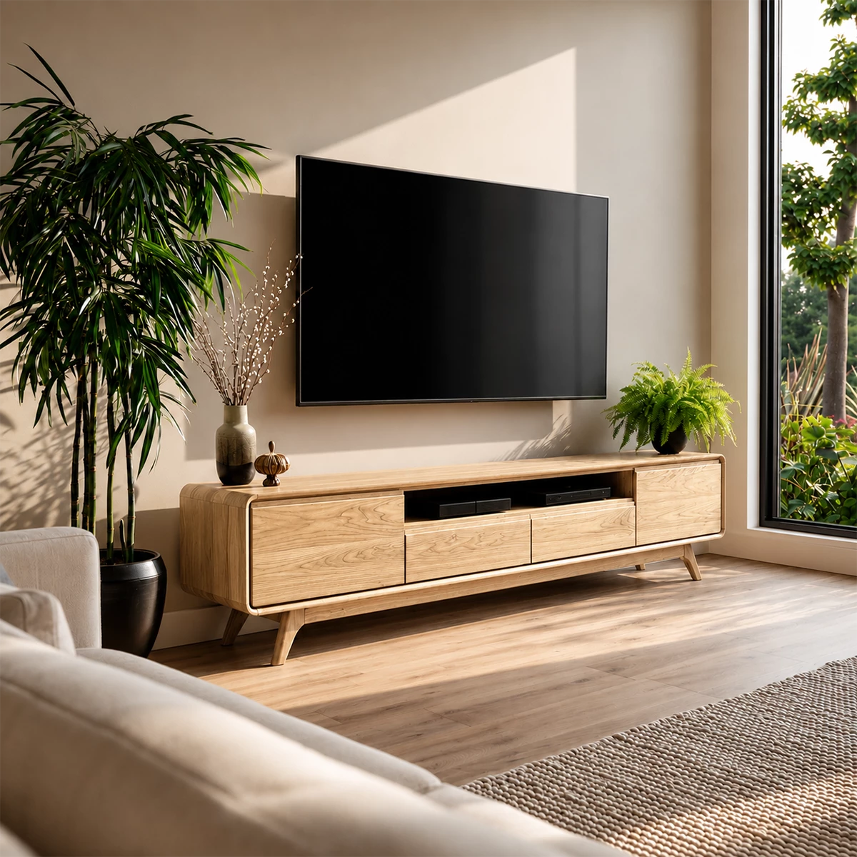Natural Solid Wood TV Stand with Two Drawers, Side Cabinets and Open Shelf - Livewoodcraft - 4