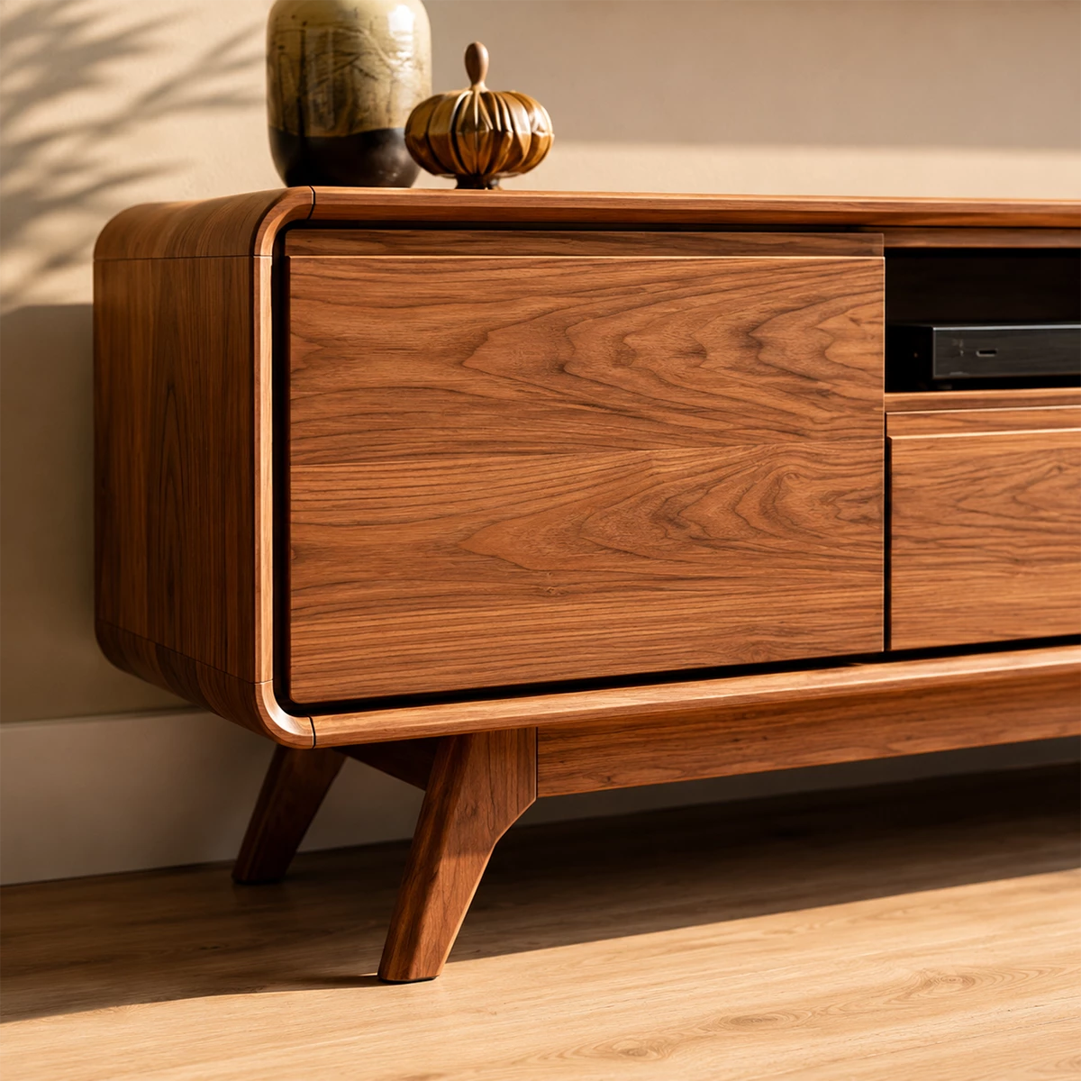 Natural Solid Wood TV Stand with Two Drawers, Side Cabinets and Open Shelf - Livewoodcraft - 5