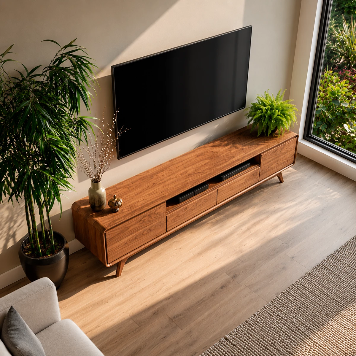 Natural Solid Wood TV Stand with Two Drawers, Side Cabinets and Open Shelf - Livewoodcraft - 6