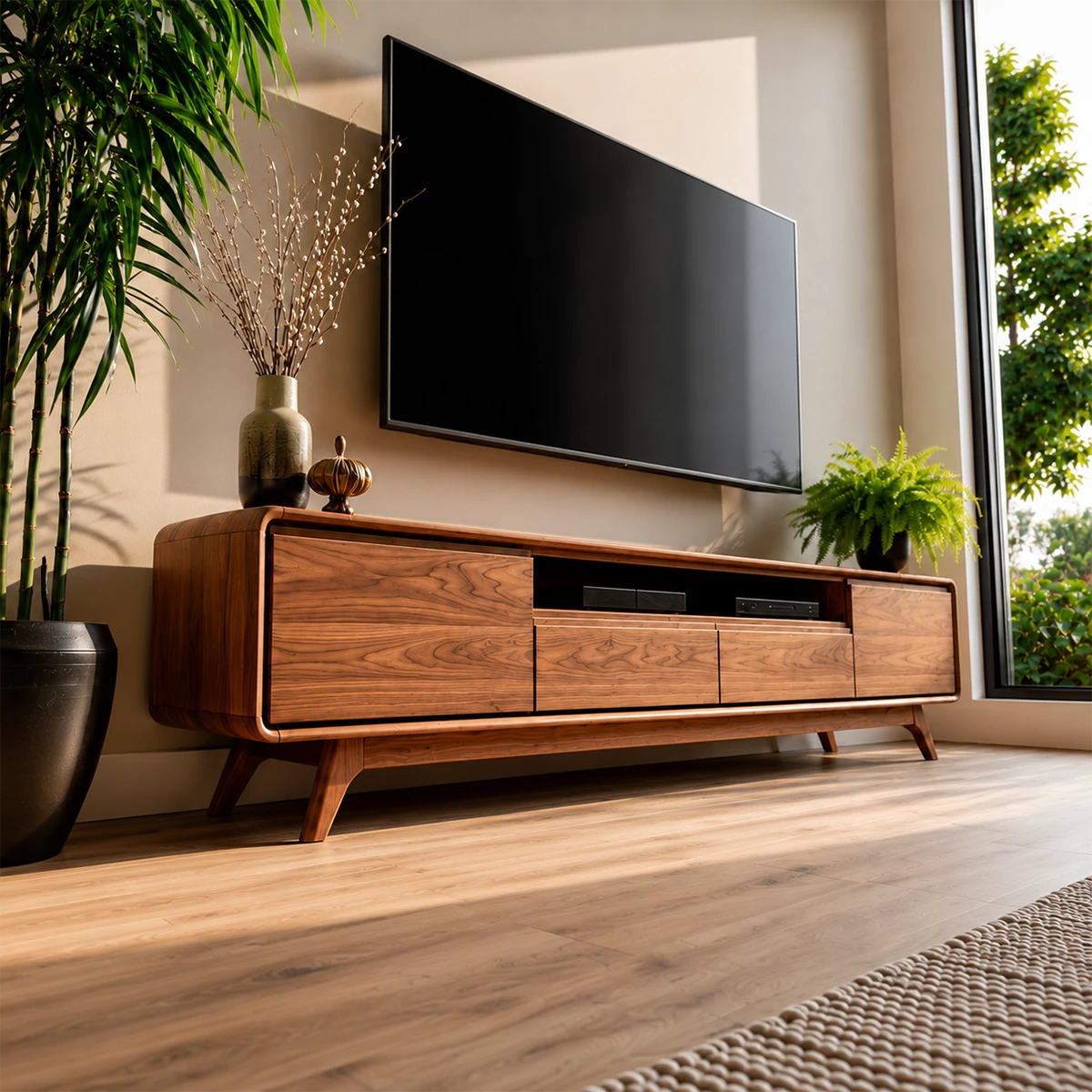 Natural Solid Wood TV Stand with Two Drawers, Side Cabinets and Open Shelf - Livewoodcraft - 7