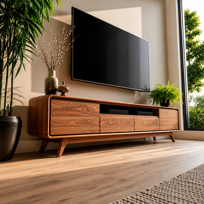 Natural Solid Wood TV Stand with Two Drawers, Side Cabinets and Open Shelf - Livewoodcraft - 7
