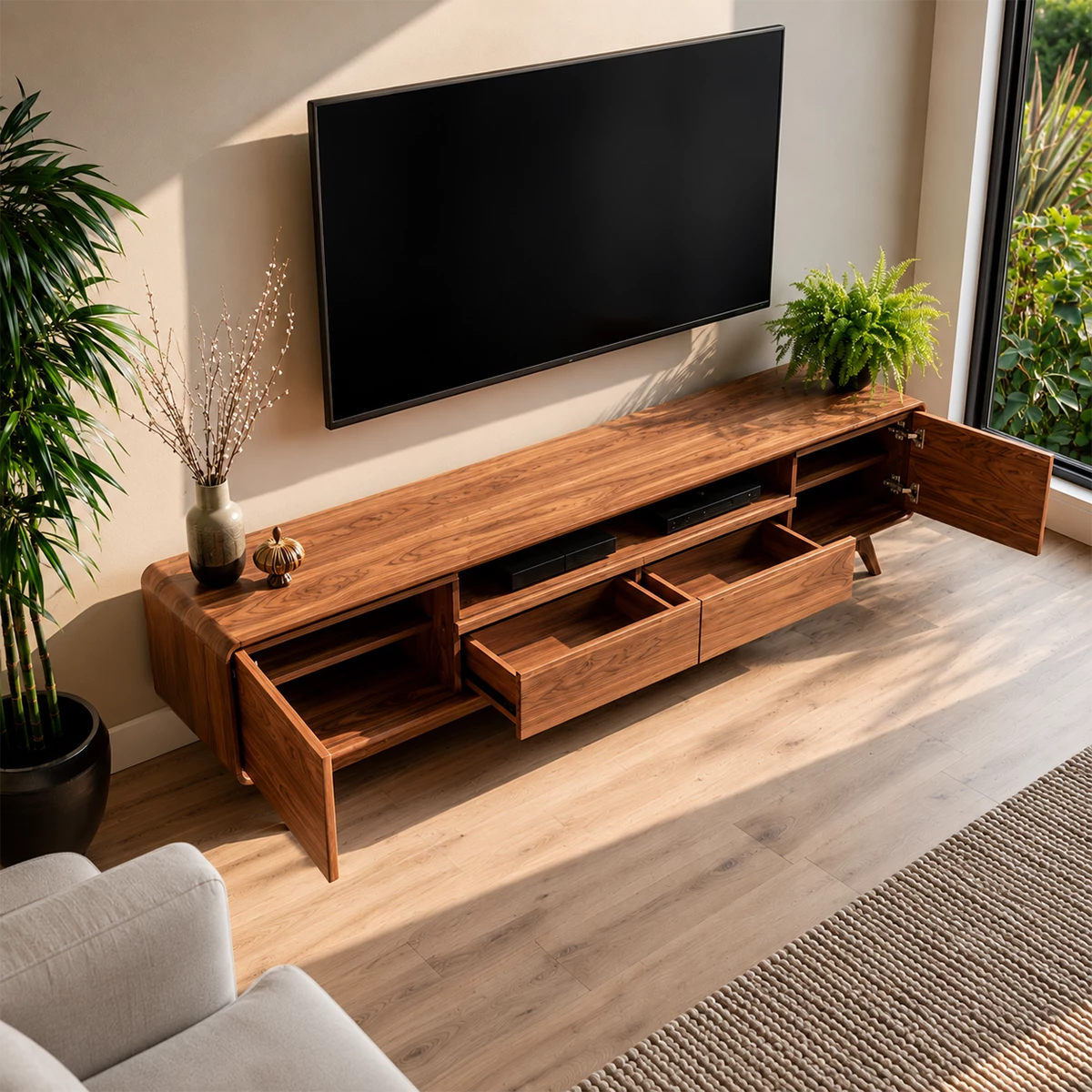 Natural Solid Wood TV Stand with Two Drawers, Side Cabinets and Open Shelf - Livewoodcraft - 8