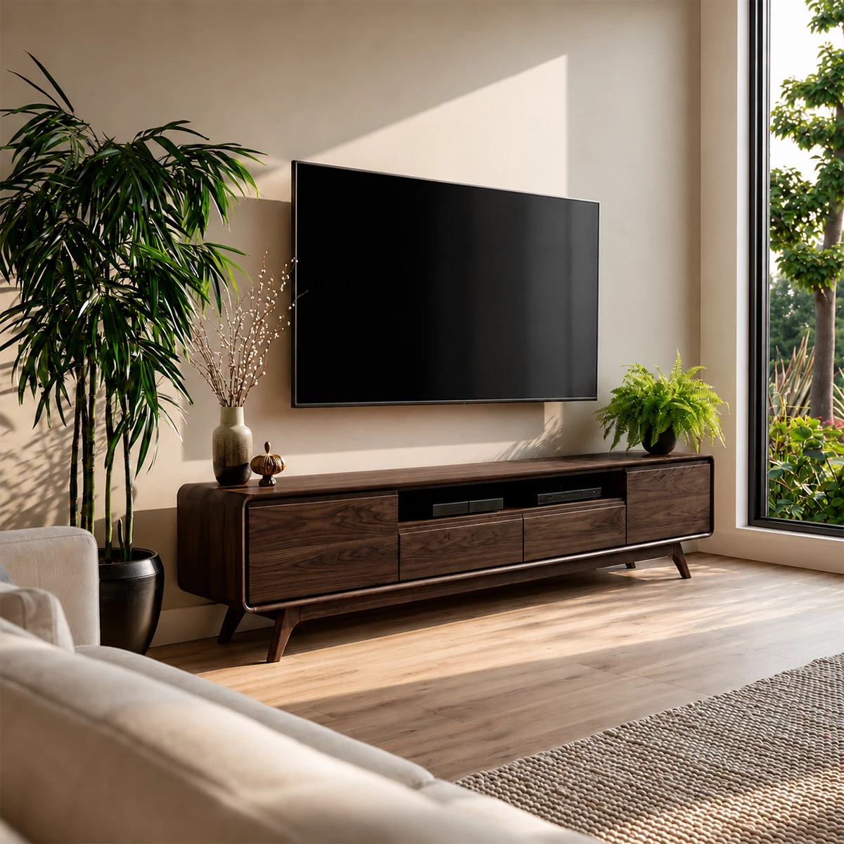 Natural Solid Wood TV Stand with Two Drawers, Side Cabinets and Open Shelf - Livewoodcraft - 9