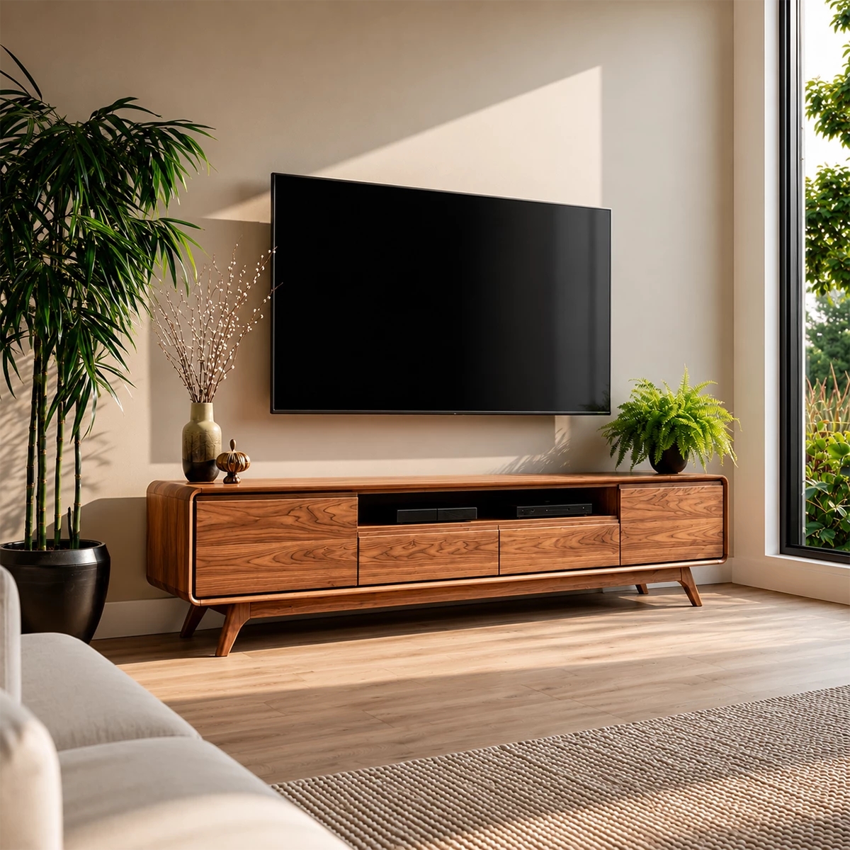 Natural Solid Wood TV Stand with Two Drawers, Side Cabinets and Open Shelf - Livewoodcraft