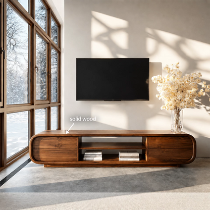Natural Solid Wood TV Stand with Two Side Cabinets and Central Open Shelf - Livewoodcraft - 10