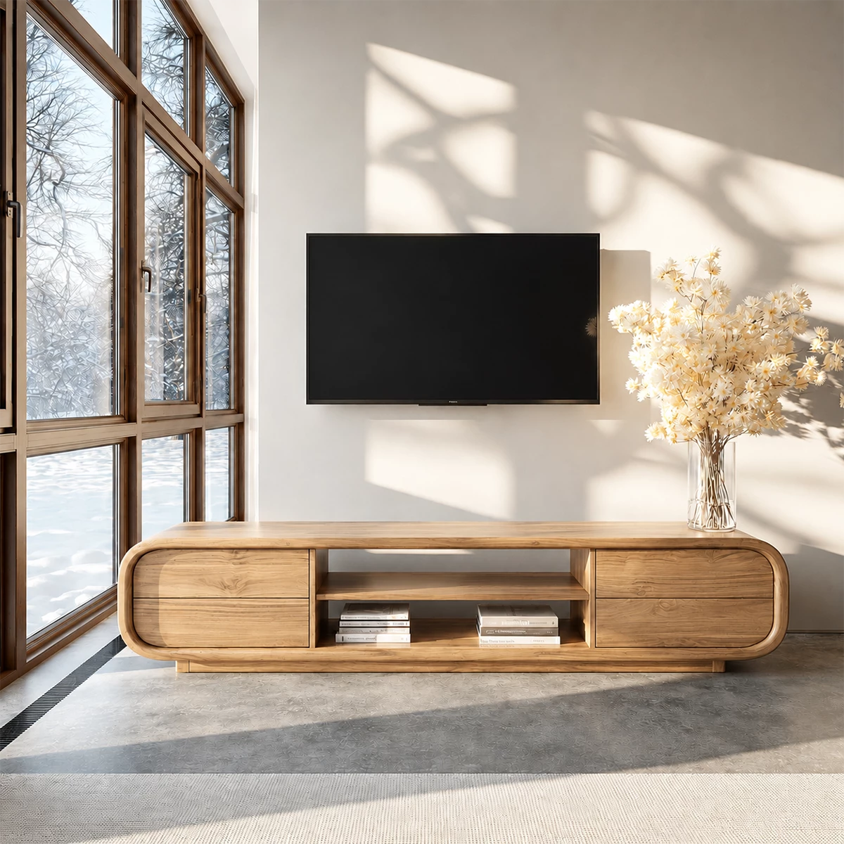 Natural Solid Wood TV Stand with Two Side Cabinets and Central Open Shelf - Livewoodcraft - 2