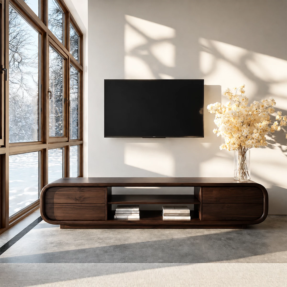 Natural Solid Wood TV Stand with Two Side Cabinets and Central Open Shelf - Livewoodcraft - 4