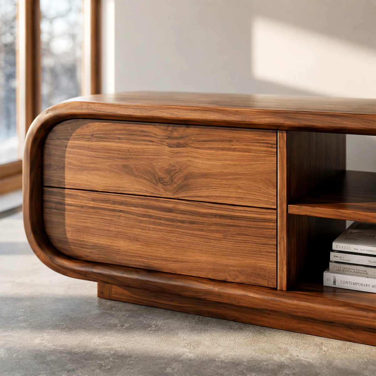 Natural Solid Wood TV Stand with Two Side Cabinets and Central Open Shelf - Livewoodcraft - 5