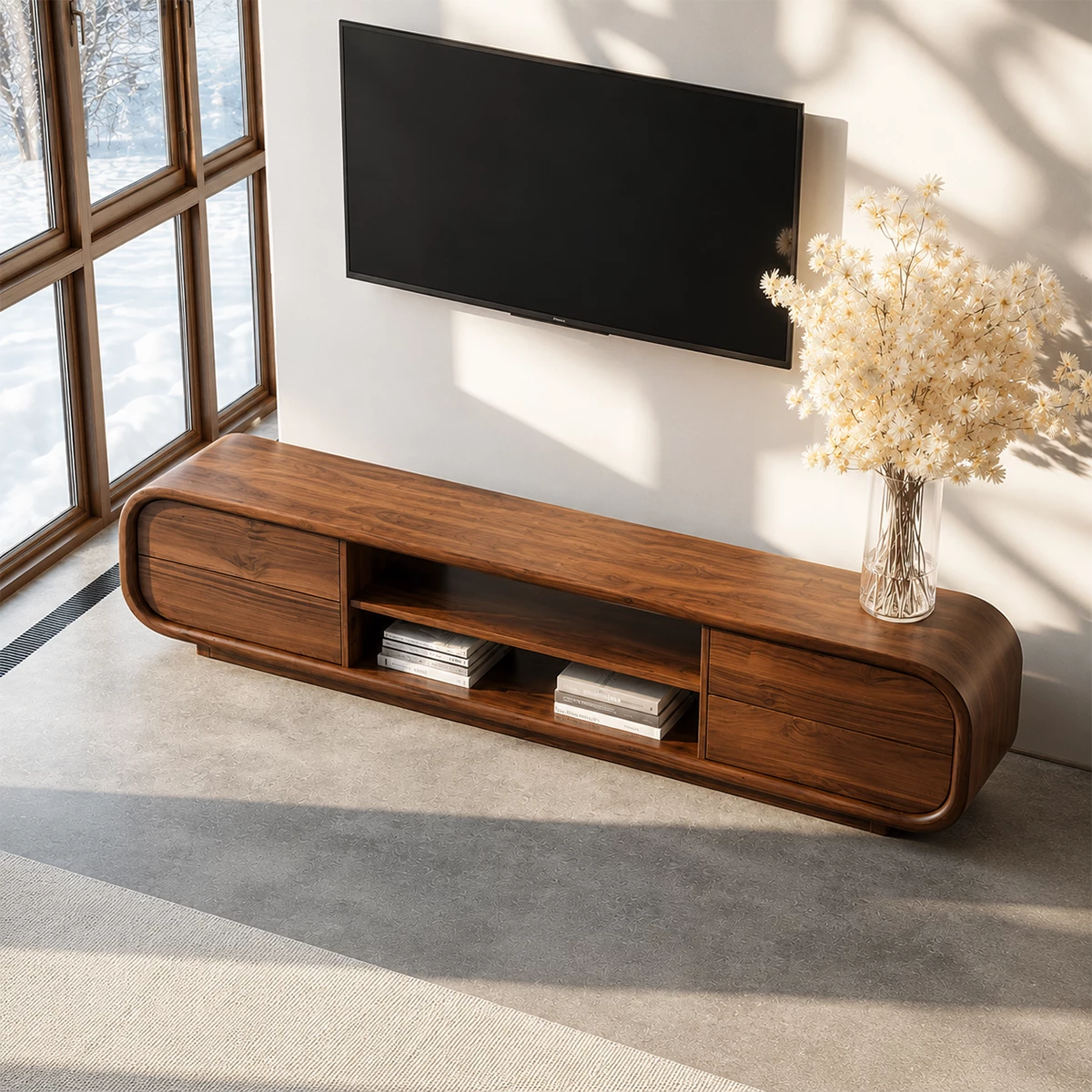 Natural Solid Wood TV Stand with Two Side Cabinets and Central Open Shelf - Livewoodcraft - 6